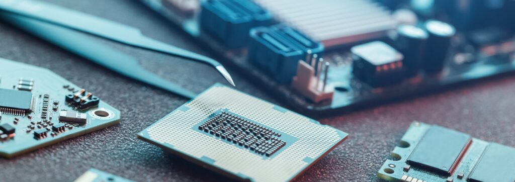 Electronic engineer of computer technology. Maintenance computer cpu hardware upgrade of motherboard component. Pc repair, technician and industry support concept.